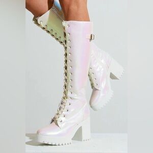 Size 12 Holographic Shimmering Lace-Up Knee-High Comfortable Platform Boots